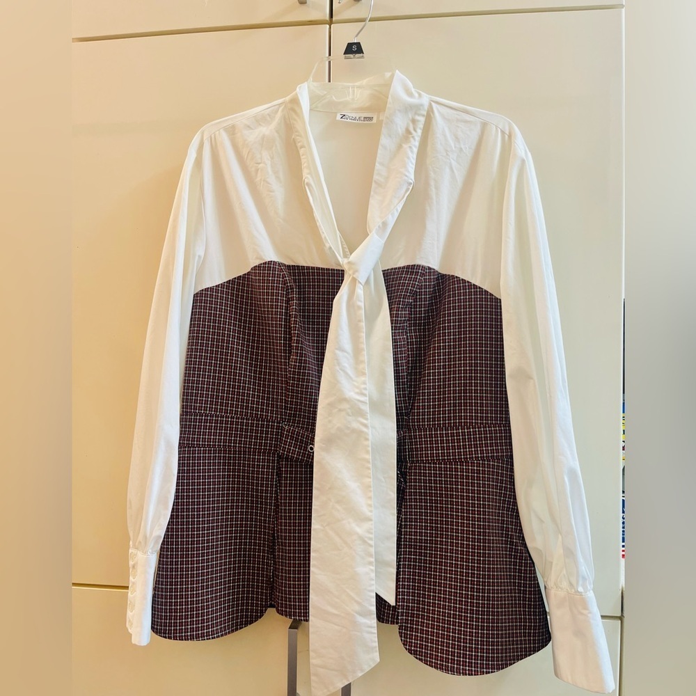 7th Avenue New York & Co Womens Top Blouse Shirt Ivory Tie Plaid  Size XL